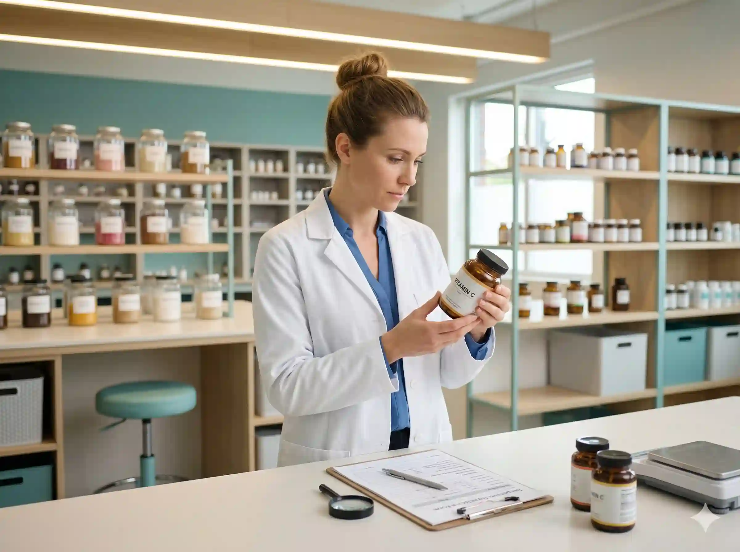 Etikett wird geprüft / Person mit Klemmbrett<br>in sauberer Produktionsumgebung